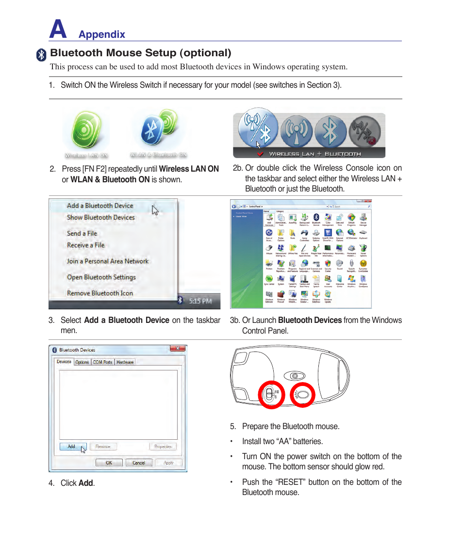 Appendix bluetooth mouse setup (optional) | Asus W6Fp User Manual | Page 56 / 85