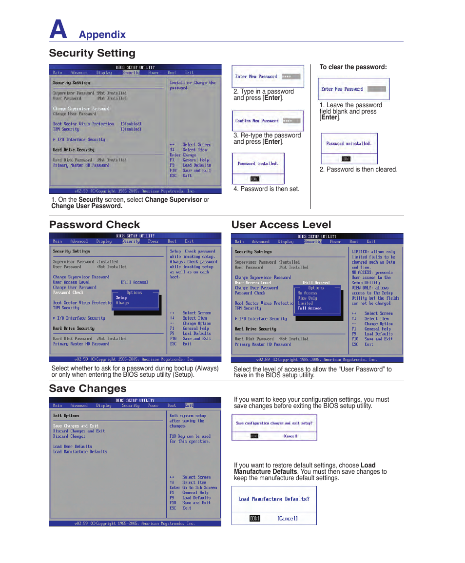 Appendix security setting, Password check, User access level save changes | Asus W6Fp User Manual | Page 60 / 85