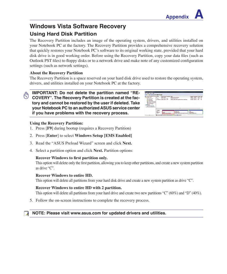 Windows vista software recovery | Asus W6Fp User Manual | Page 67 / 85