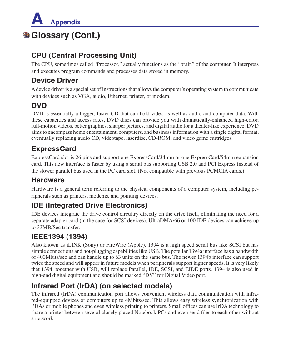 Glossary (cont.) | Asus W6Fp User Manual | Page 70 / 85