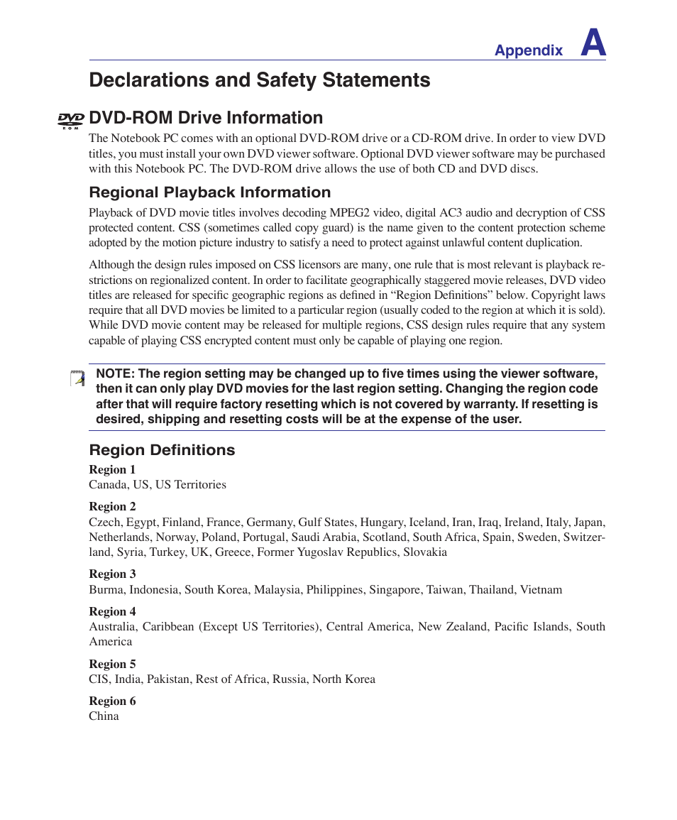 Declarations and safety statements, Notebook pc information, Dvd-rom drive information | Asus W6Fp User Manual | Page 73 / 85