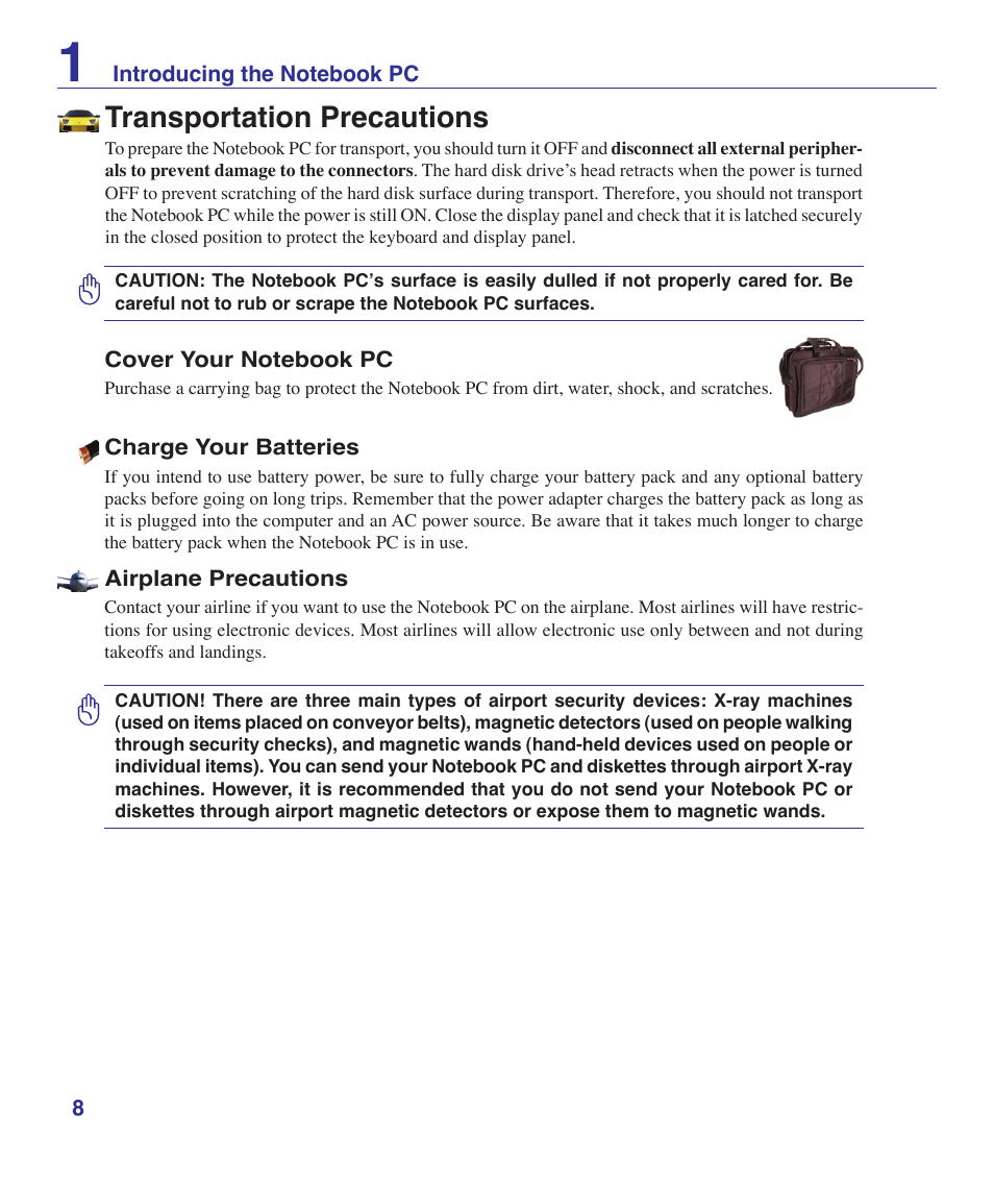 Transportation precautions | Asus W6Fp User Manual | Page 8 / 85