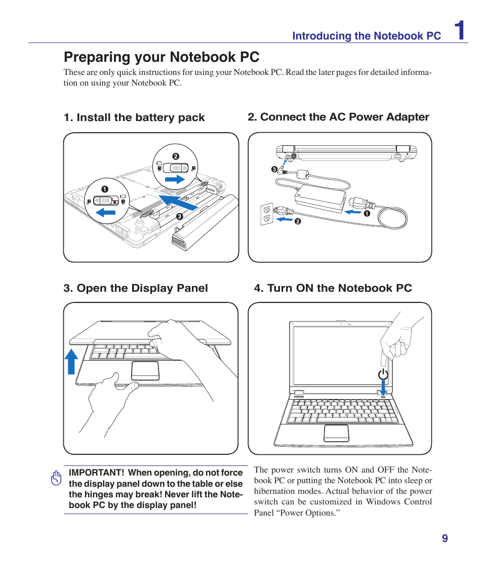 Preparing your notebook pc | Asus W6Fp User Manual | Page 9 / 85