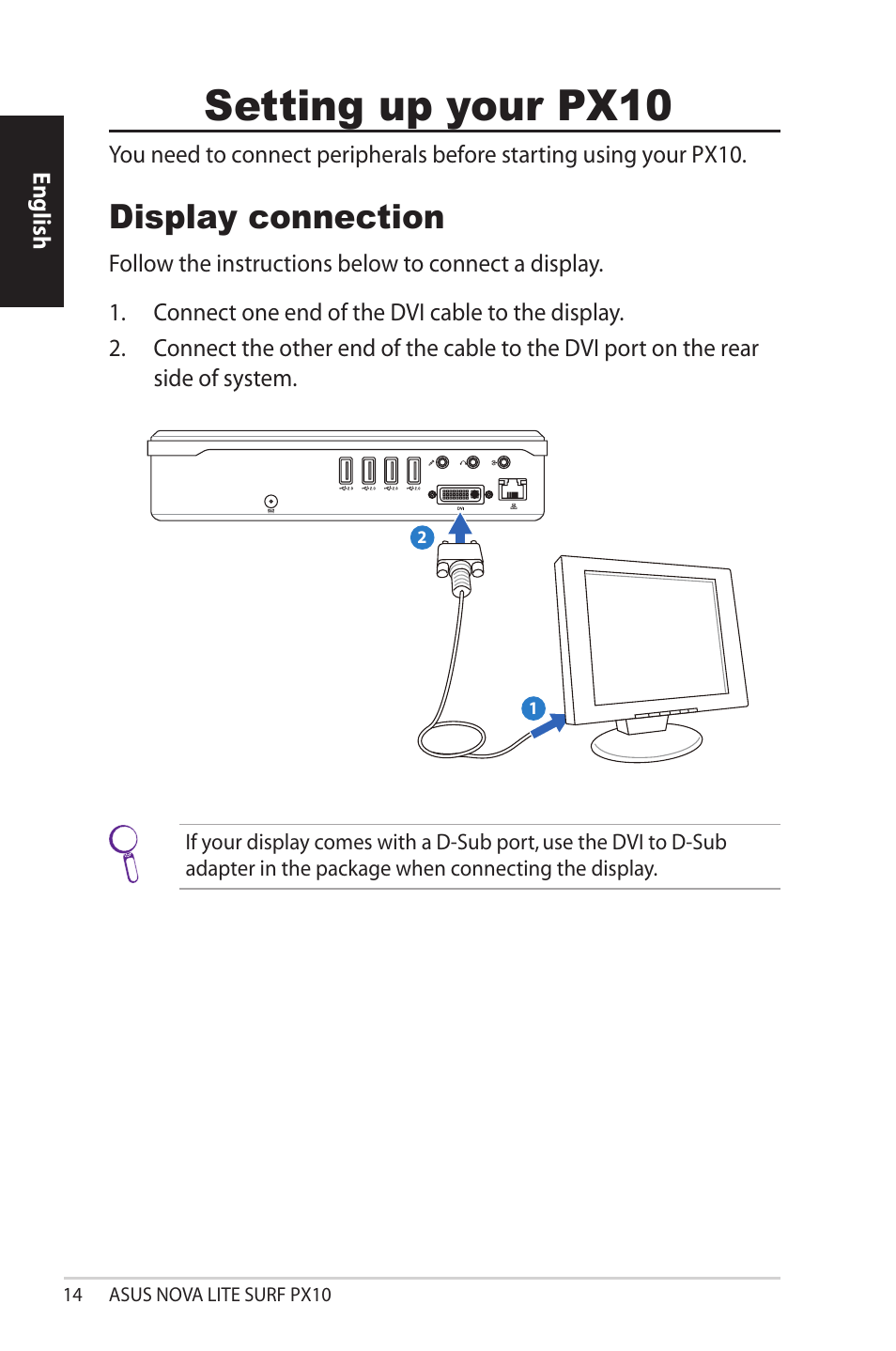 Setting up your px10, Display connection | Asus NOVALITE SURF PX10 User Manual | Page 14 / 32