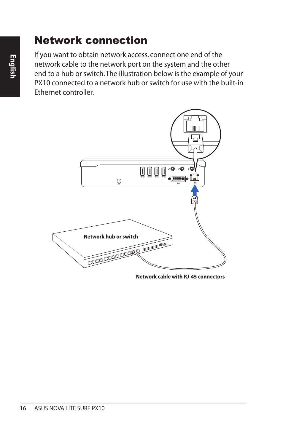 Network connection, English | Asus NOVALITE SURF PX10 User Manual | Page 16 / 32