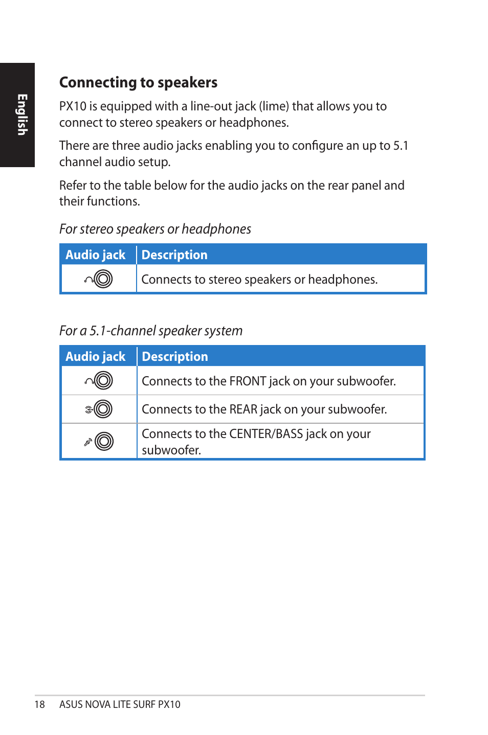 Connecting to speakers | Asus NOVALITE SURF PX10 User Manual | Page 18 / 32