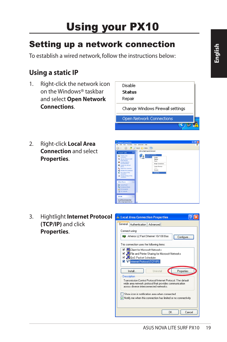 Using your px10, Setting up a network connection, Using a static ip | Asus NOVALITE SURF PX10 User Manual | Page 19 / 32