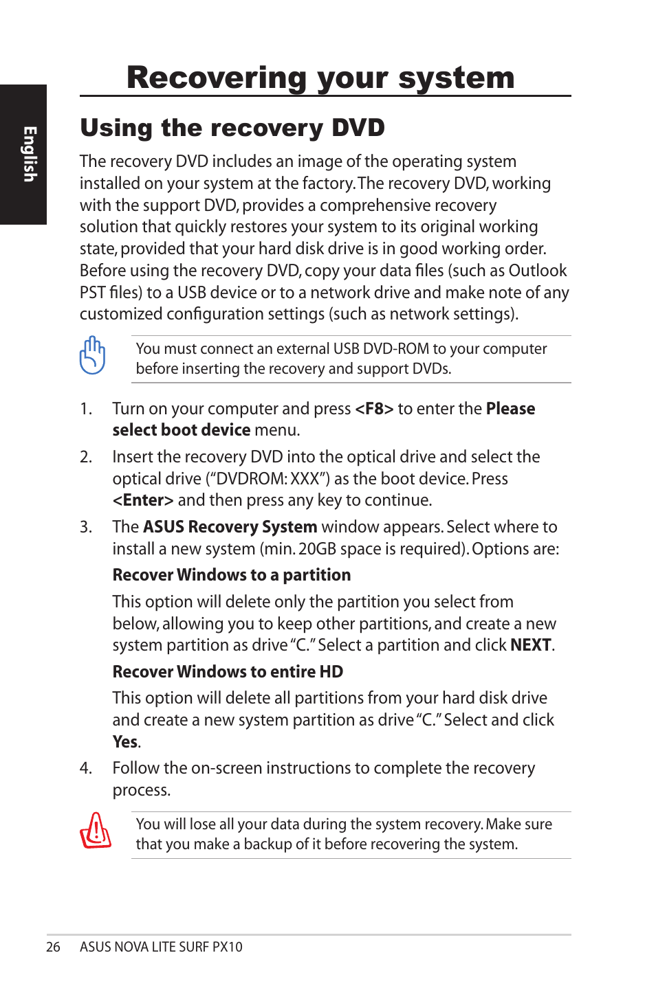 Recovering your system, Using the recovery dvd | Asus NOVALITE SURF PX10 User Manual | Page 26 / 32