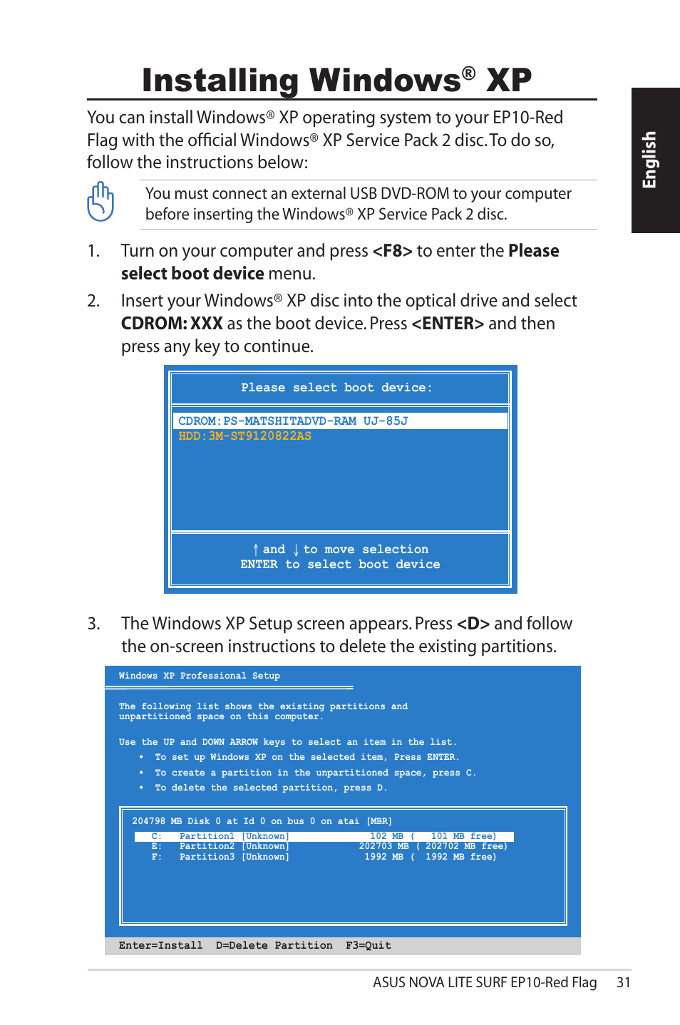 Installing windows® xp, Installing windows, English | Asus NOVALITE SURF PX10 User Manual | Page 31 / 32