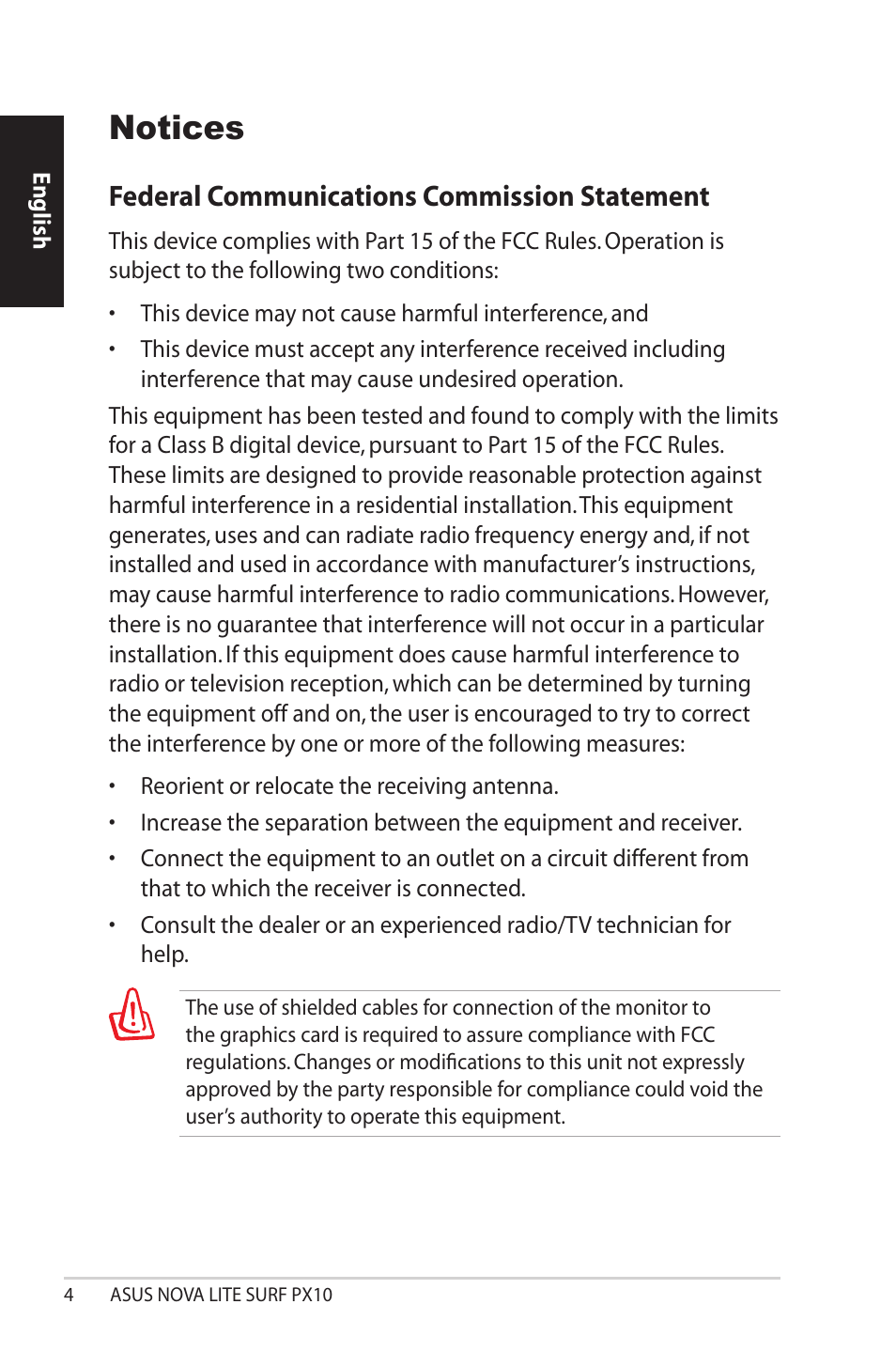 Notices, Federal communications commission statement | Asus NOVALITE SURF PX10 User Manual | Page 4 / 32