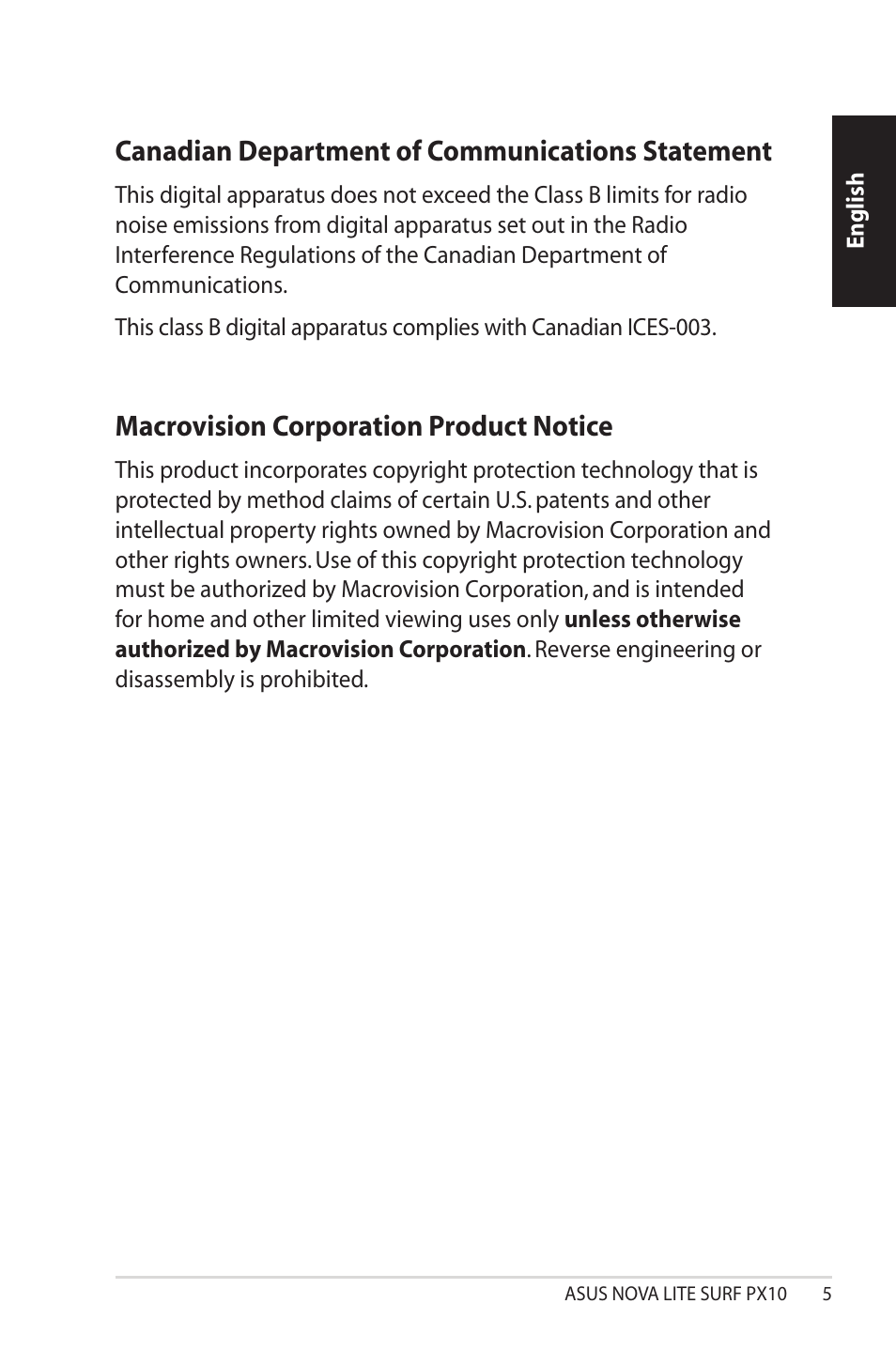 Canadian department of communications statement, Macrovision corporation product notice | Asus NOVALITE SURF PX10 User Manual | Page 5 / 32