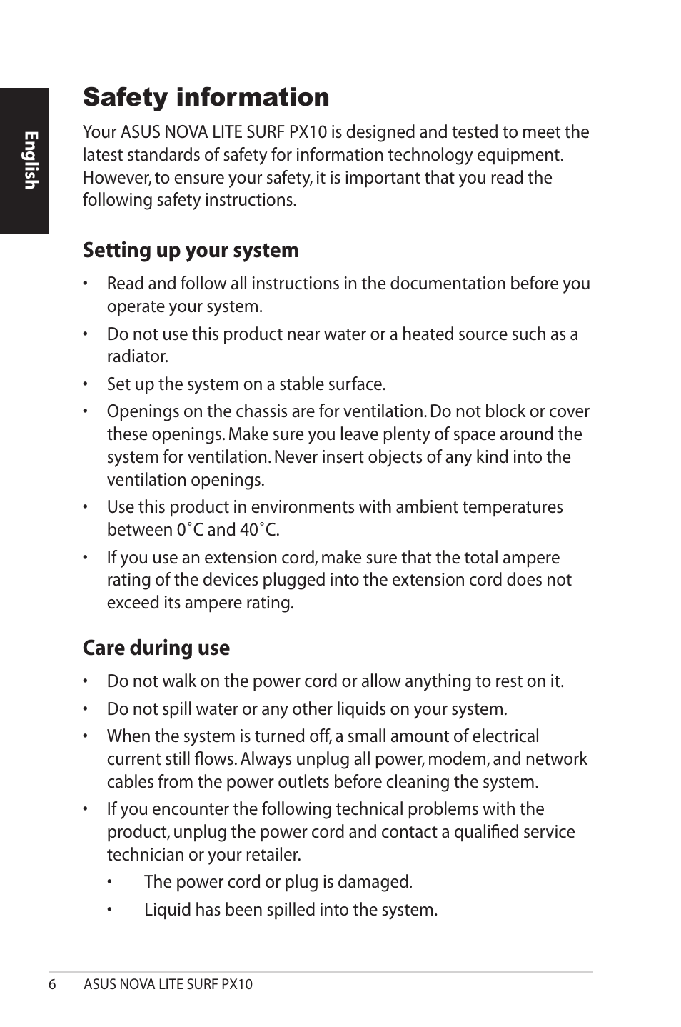 Safety information, Setting up your system, Care during use | Asus NOVALITE SURF PX10 User Manual | Page 6 / 32