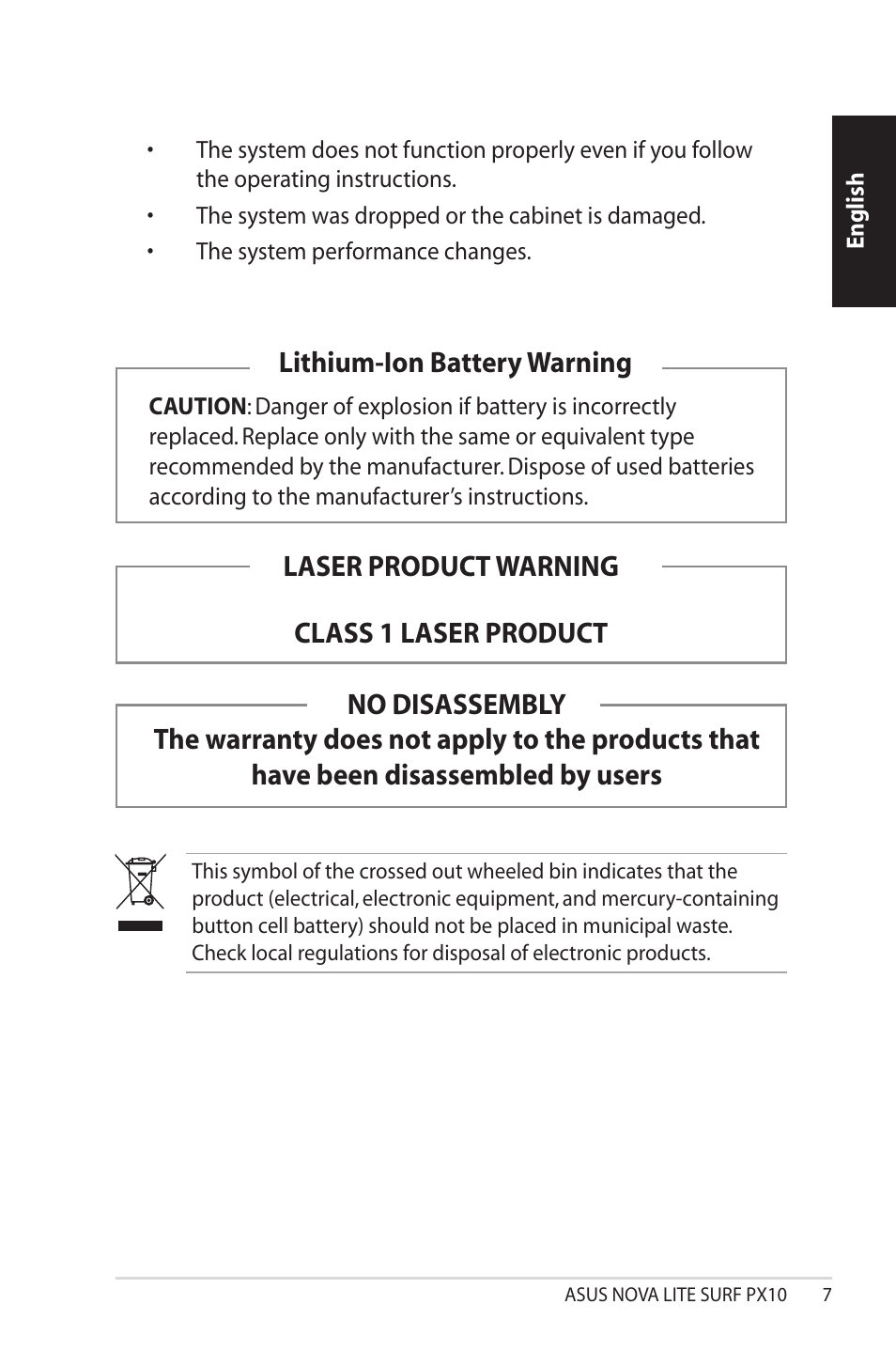 Laser product warning class 1 laser product | Asus NOVALITE SURF PX10 User Manual | Page 7 / 32