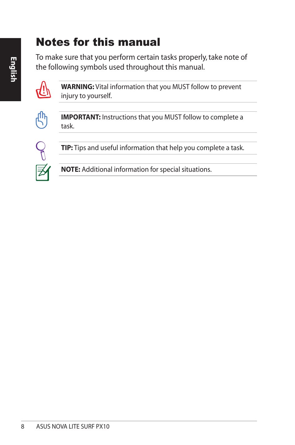 Notes for this manual | Asus NOVALITE SURF PX10 User Manual | Page 8 / 32