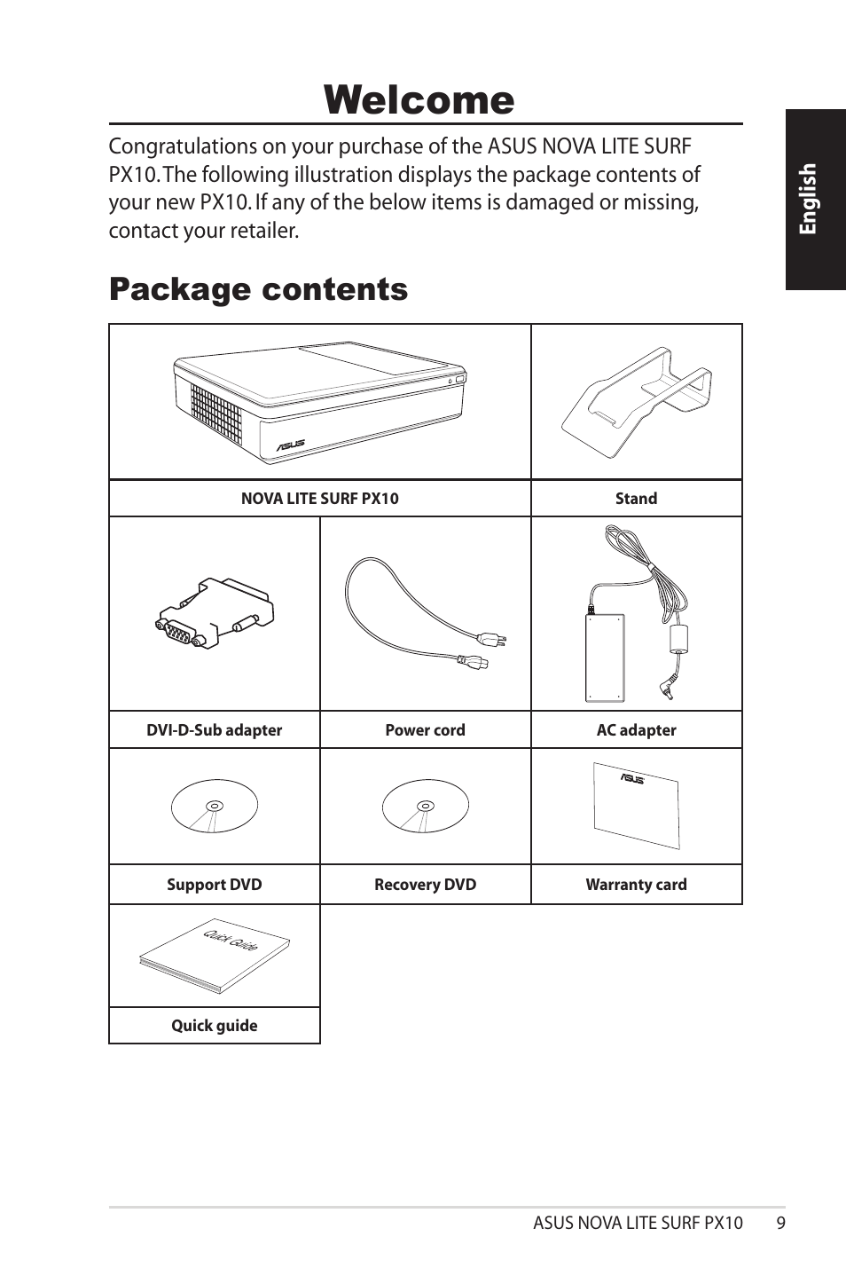 Welcome, Package contents, English | Asus NOVALITE SURF PX10 User Manual | Page 9 / 32