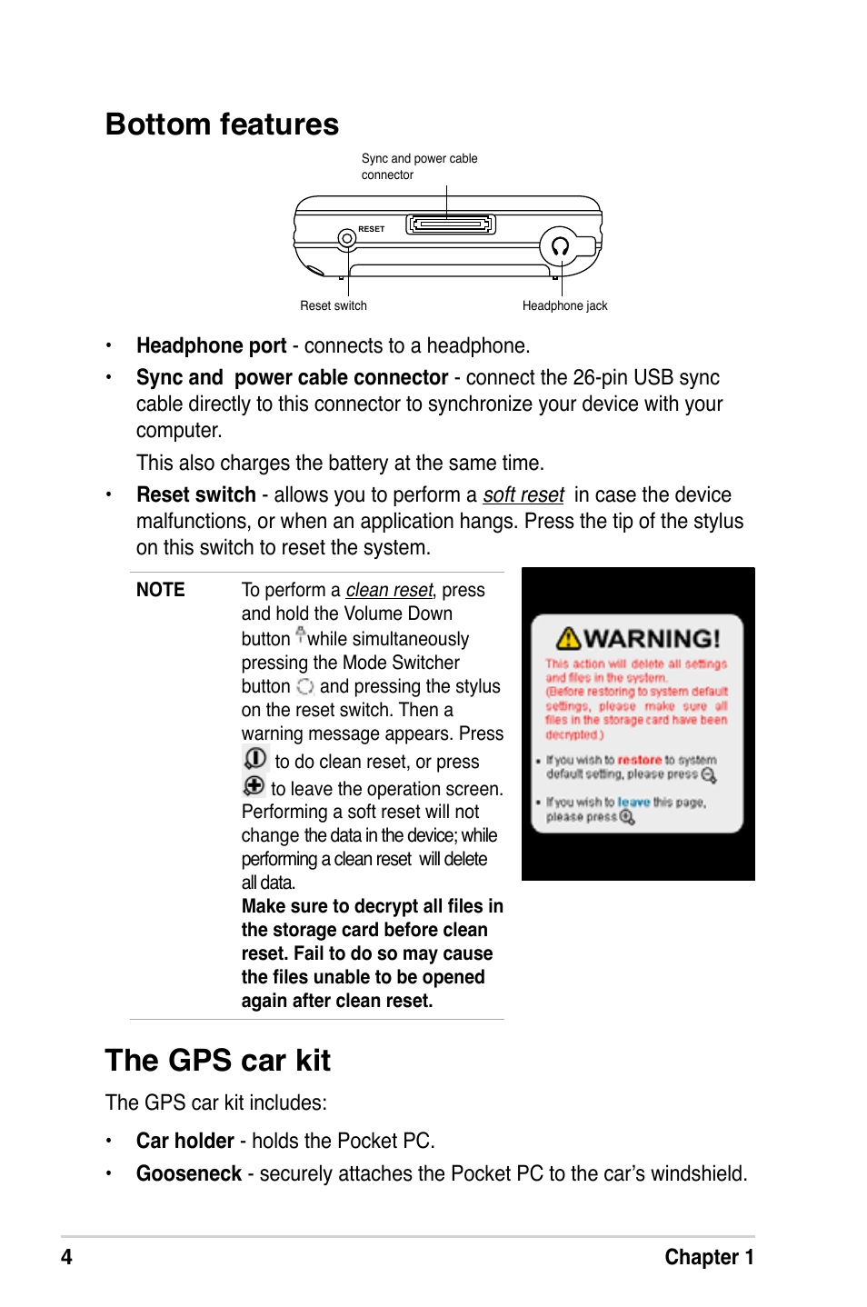 The gps car kit, Bottom features | Asus MyPal A639 User Manual | Page 10 / 106
