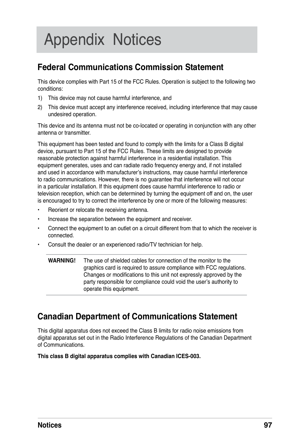 Appendix notices, Federal communications commission statement, Canadian department of communications statement | Asus MyPal A639 User Manual | Page 103 / 106