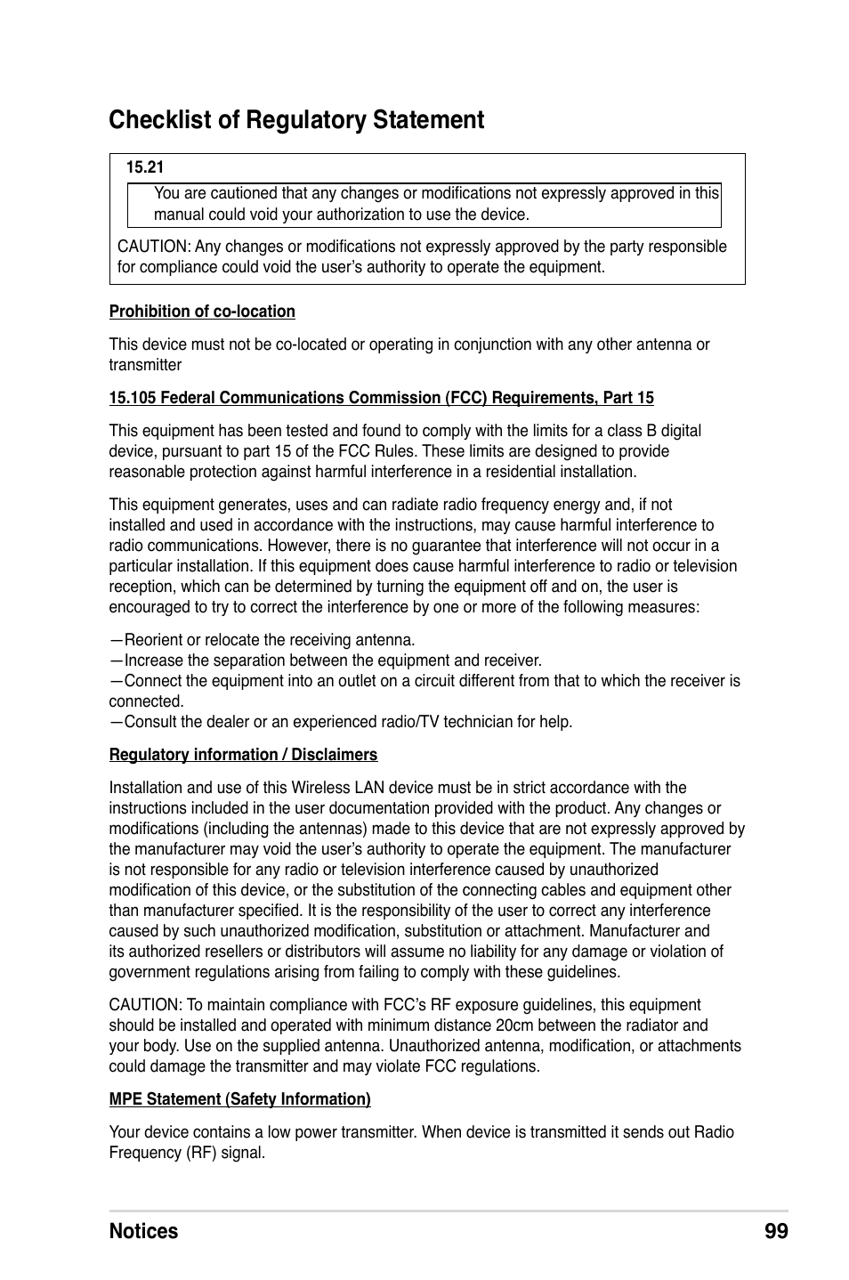 Checklist of regulatory statement, Notices 99 | Asus MyPal A639 User Manual | Page 105 / 106