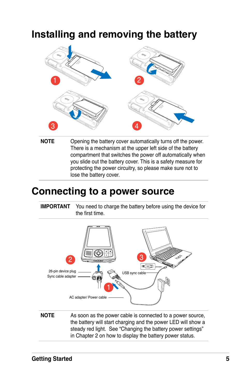 Installing and removing the battery, Connecting to a power source, Getting started 5 | Asus MyPal A639 User Manual | Page 11 / 106