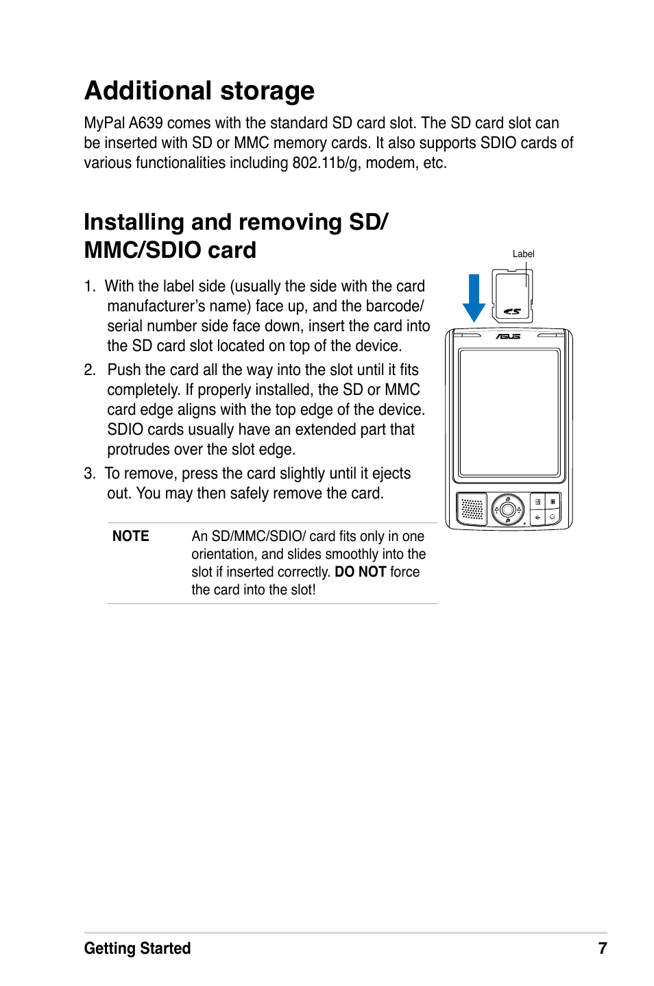 Additional storage, Installing and removing sd/ mmc/sdio card | Asus MyPal A639 User Manual | Page 13 / 106