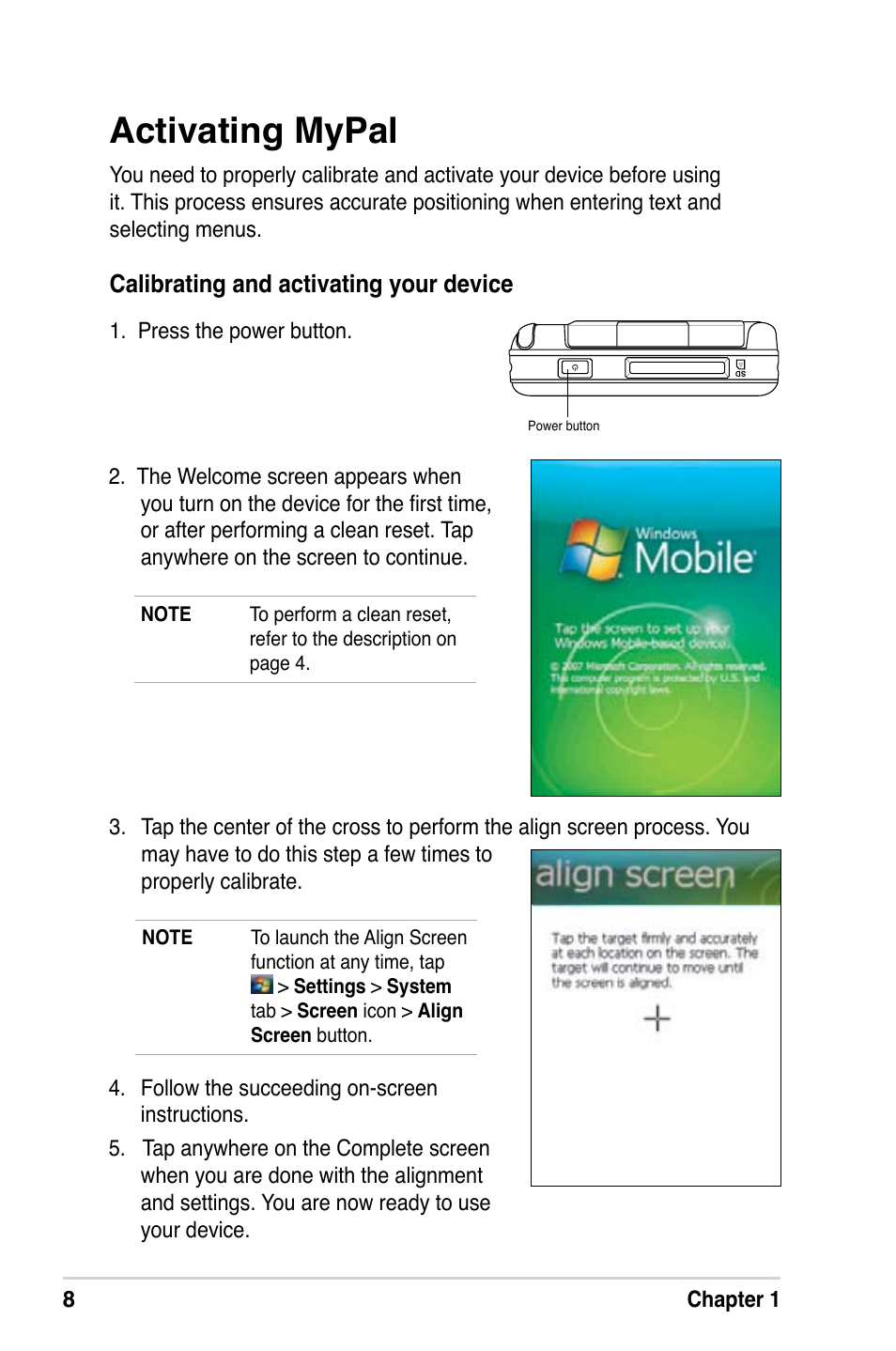 Activating mypal | Asus MyPal A639 User Manual | Page 14 / 106