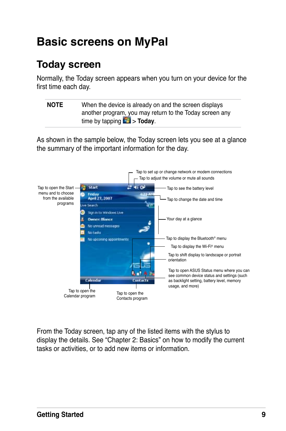 Basic screens on mypal, Today screen, Getting started 9 | Asus MyPal A639 User Manual | Page 15 / 106