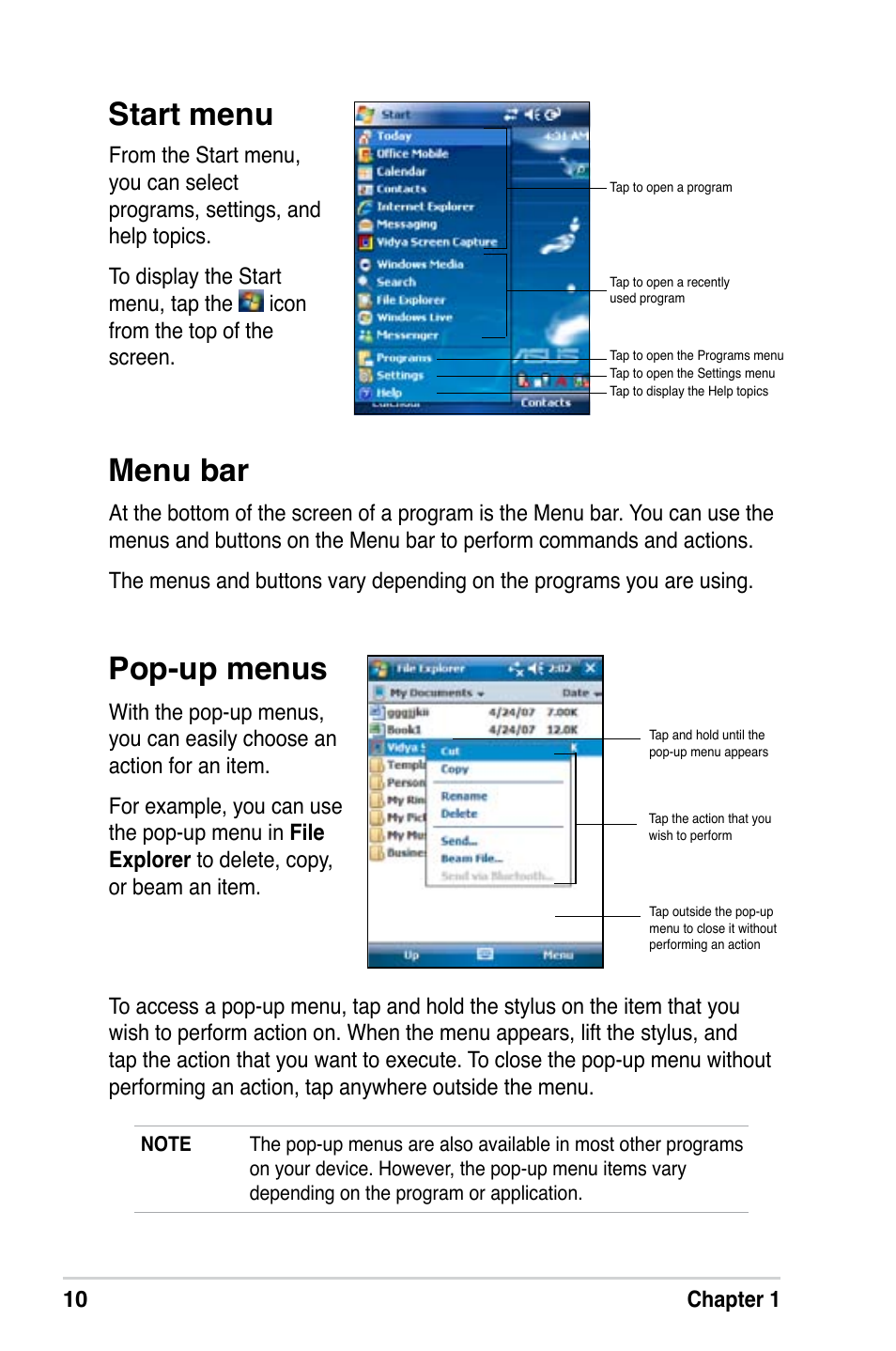 Start menu pop-up menus menu bar | Asus MyPal A639 User Manual | Page 16 / 106