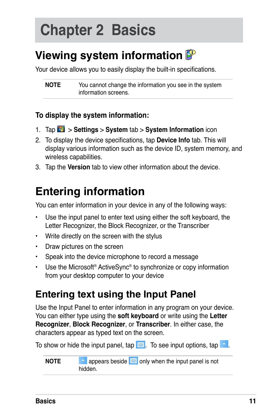 Chapter 2 basics, Entering information, Viewing system information | Entering text using the input panel | Asus MyPal A639 User Manual | Page 17 / 106