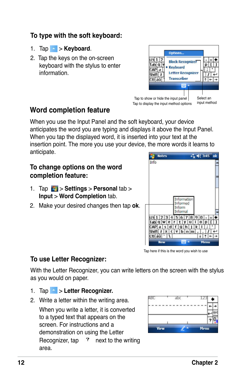 Word completion feature | Asus MyPal A639 User Manual | Page 18 / 106