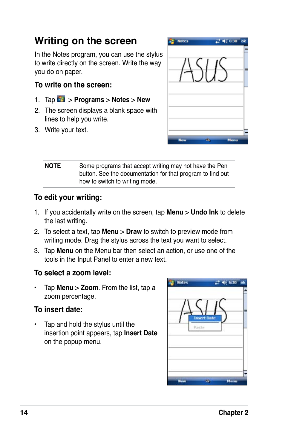 Writing on the screen | Asus MyPal A639 User Manual | Page 20 / 106