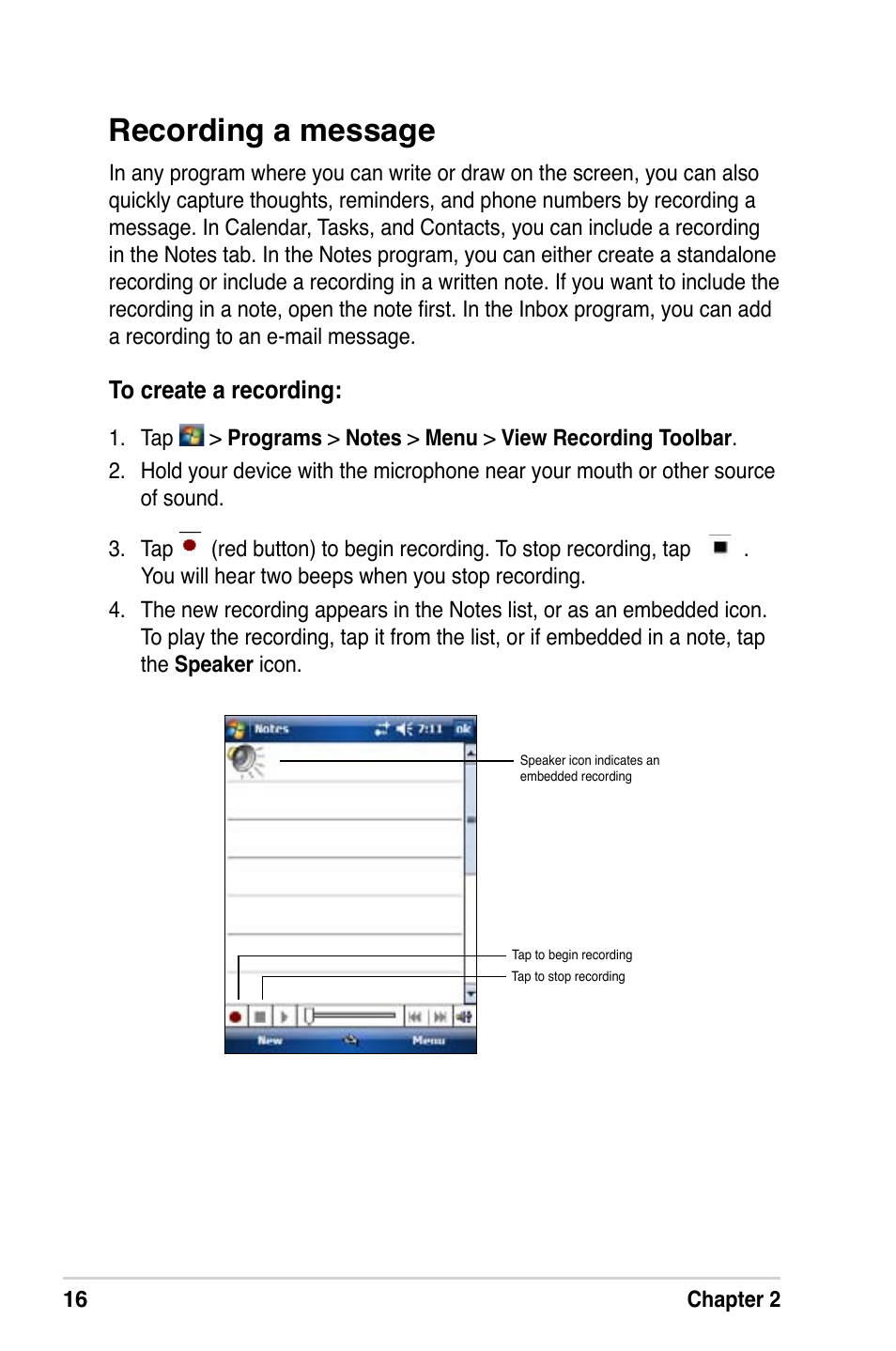 Recording a message | Asus MyPal A639 User Manual | Page 22 / 106