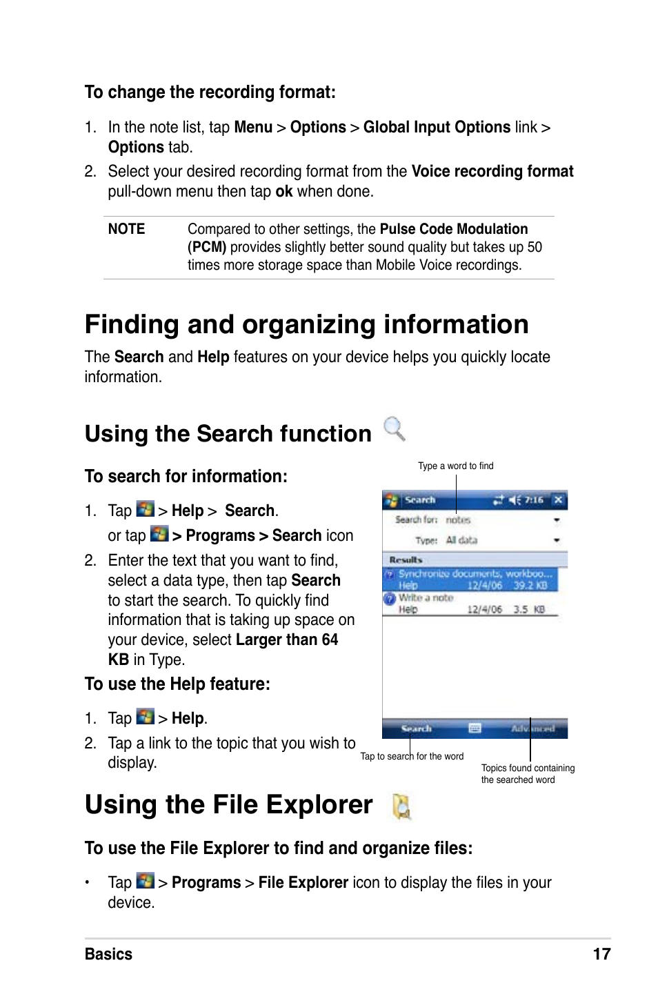 Finding and organizing information, Using the file explorer, Using the search function | Asus MyPal A639 User Manual | Page 23 / 106
