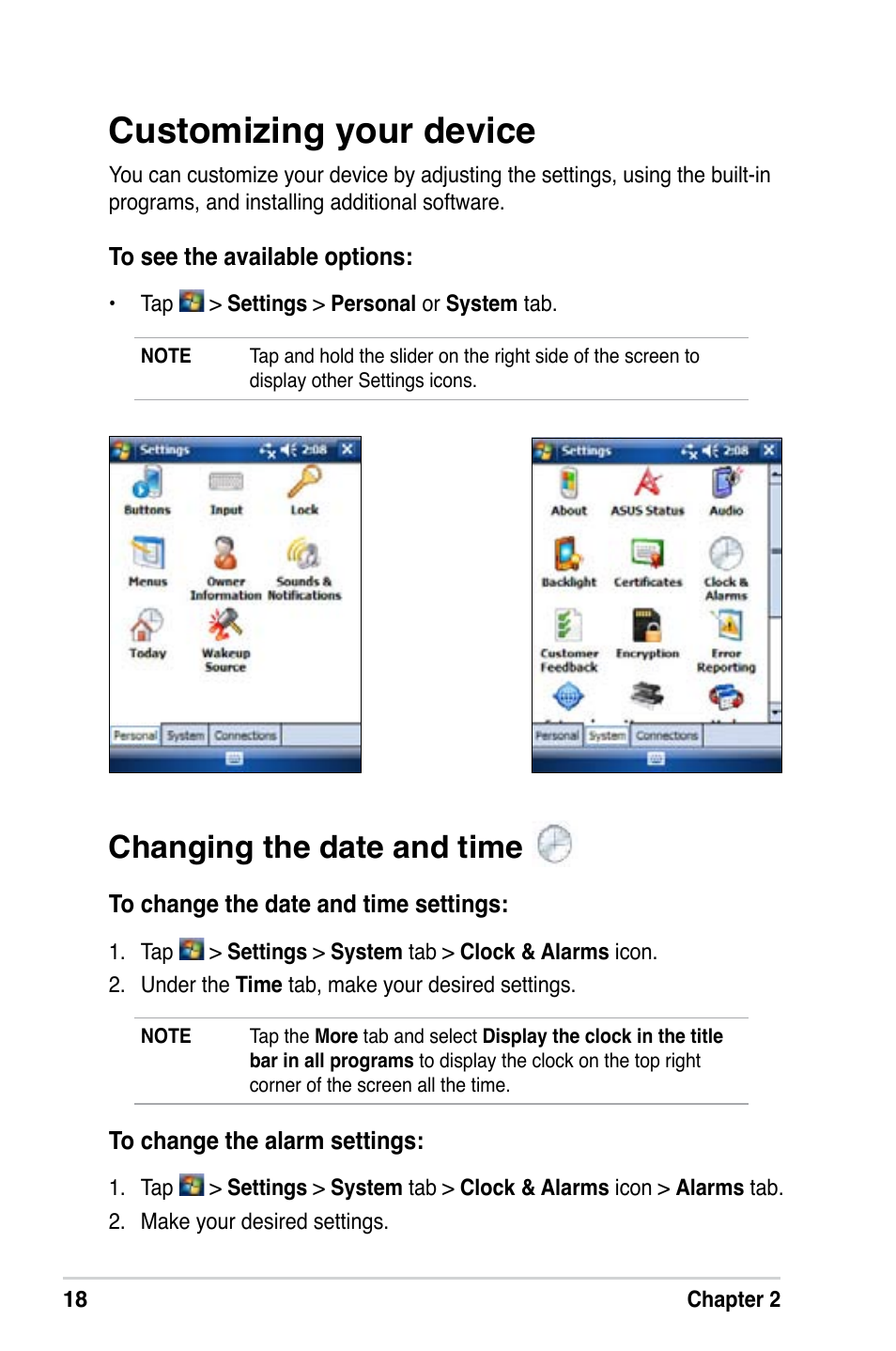 Customizing your device, Changing the date and time | Asus MyPal A639 User Manual | Page 24 / 106