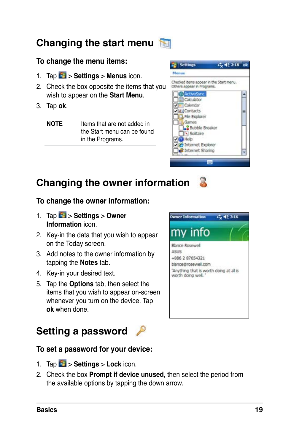 Changing the owner information, Changing the start menu, Setting a password | Asus MyPal A639 User Manual | Page 25 / 106