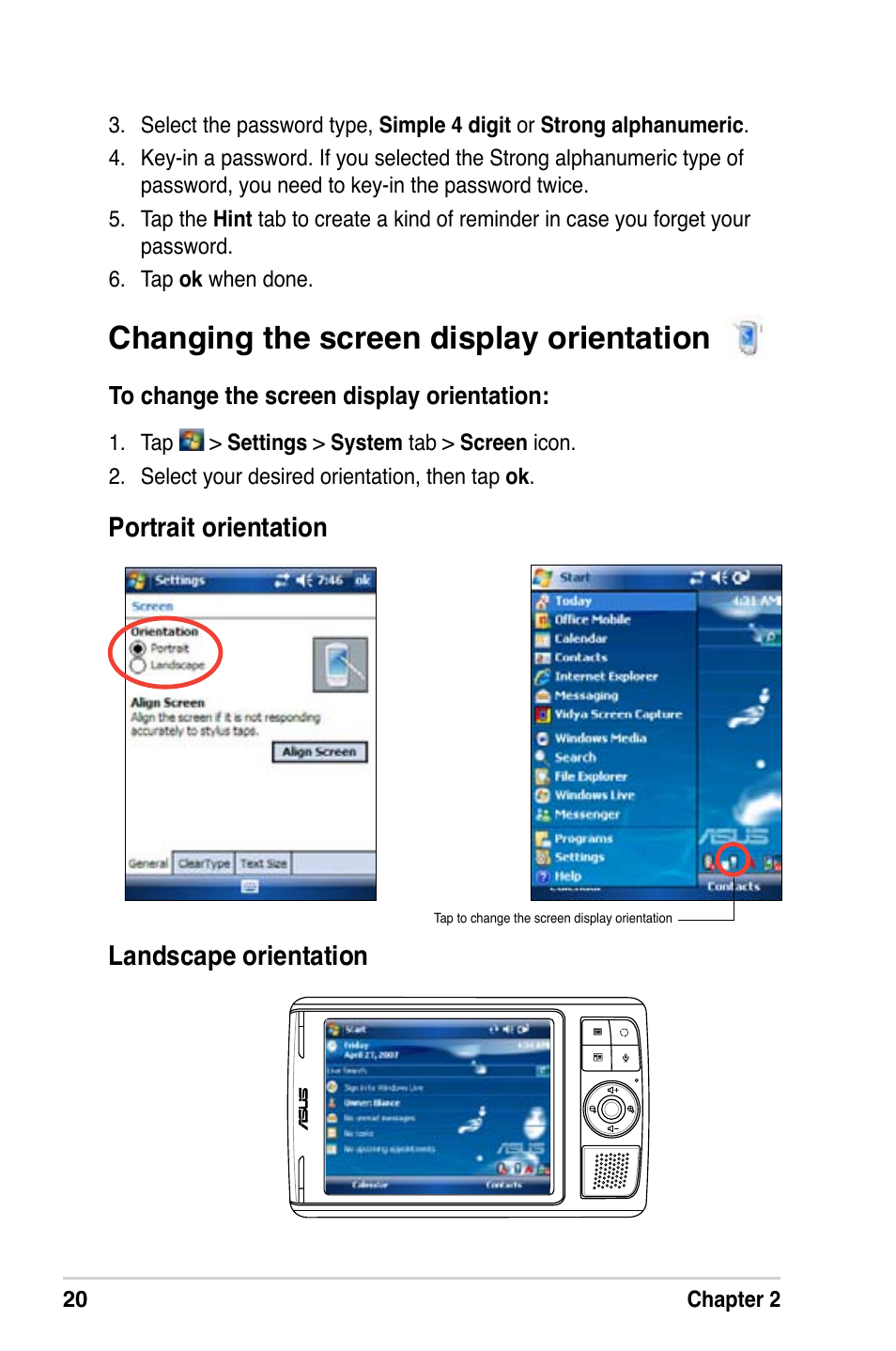 Changing the screen display orientation | Asus MyPal A639 User Manual | Page 26 / 106
