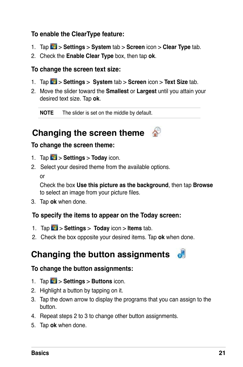 Changing the screen theme, Changing the button assignments | Asus MyPal A639 User Manual | Page 27 / 106