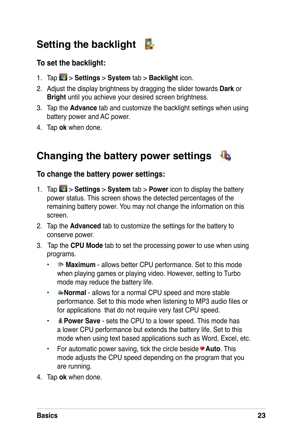 Changing the battery power settings, Setting the backlight | Asus MyPal A639 User Manual | Page 29 / 106