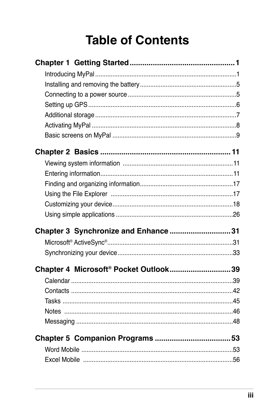Asus MyPal A639 User Manual | Page 3 / 106