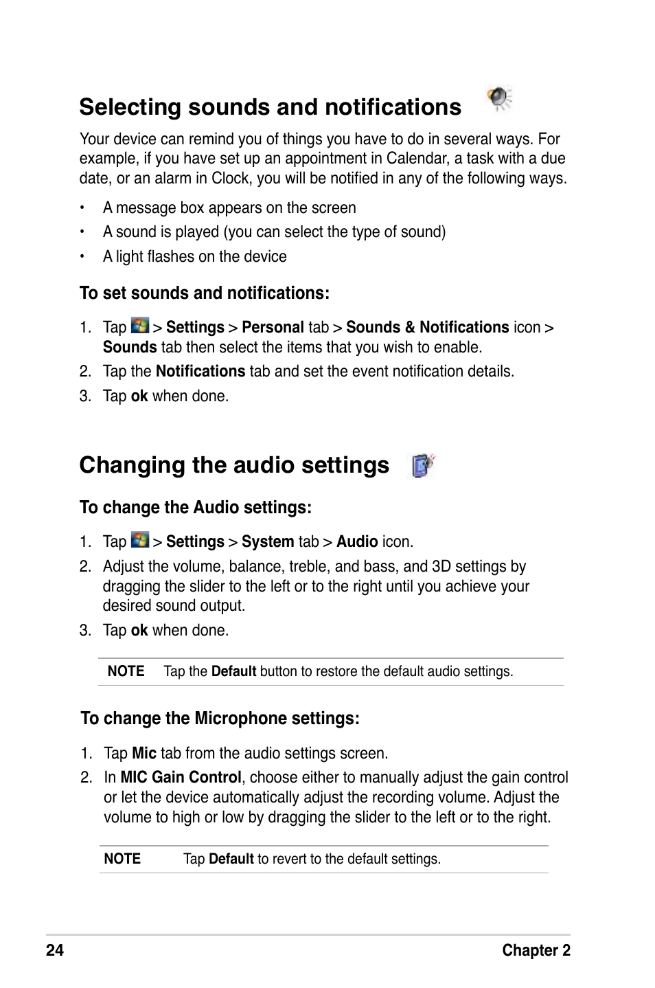 Changing the audio settings, Selecting sounds and notifications | Asus MyPal A639 User Manual | Page 30 / 106