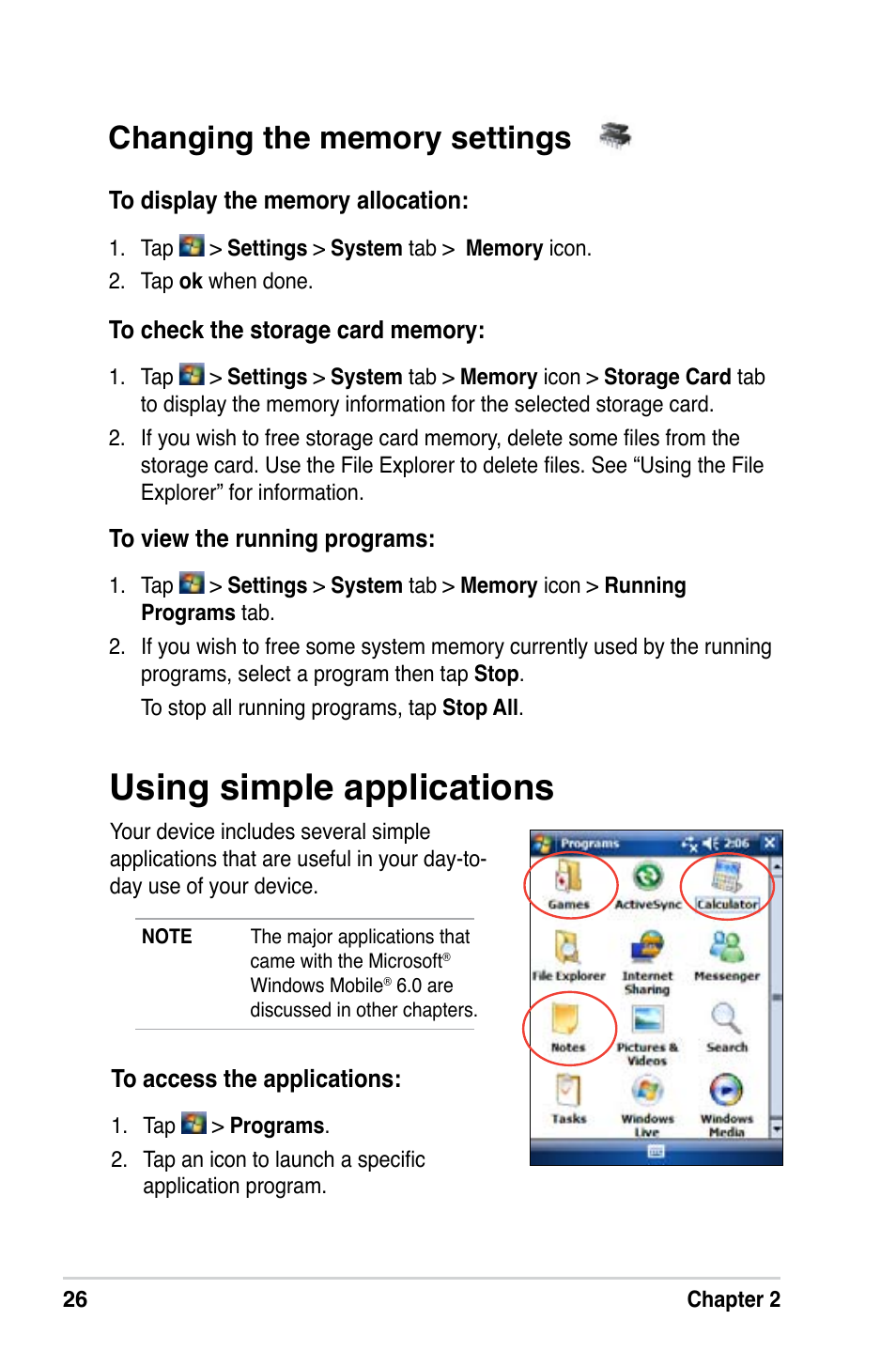 Using simple applications | Asus MyPal A639 User Manual | Page 32 / 106