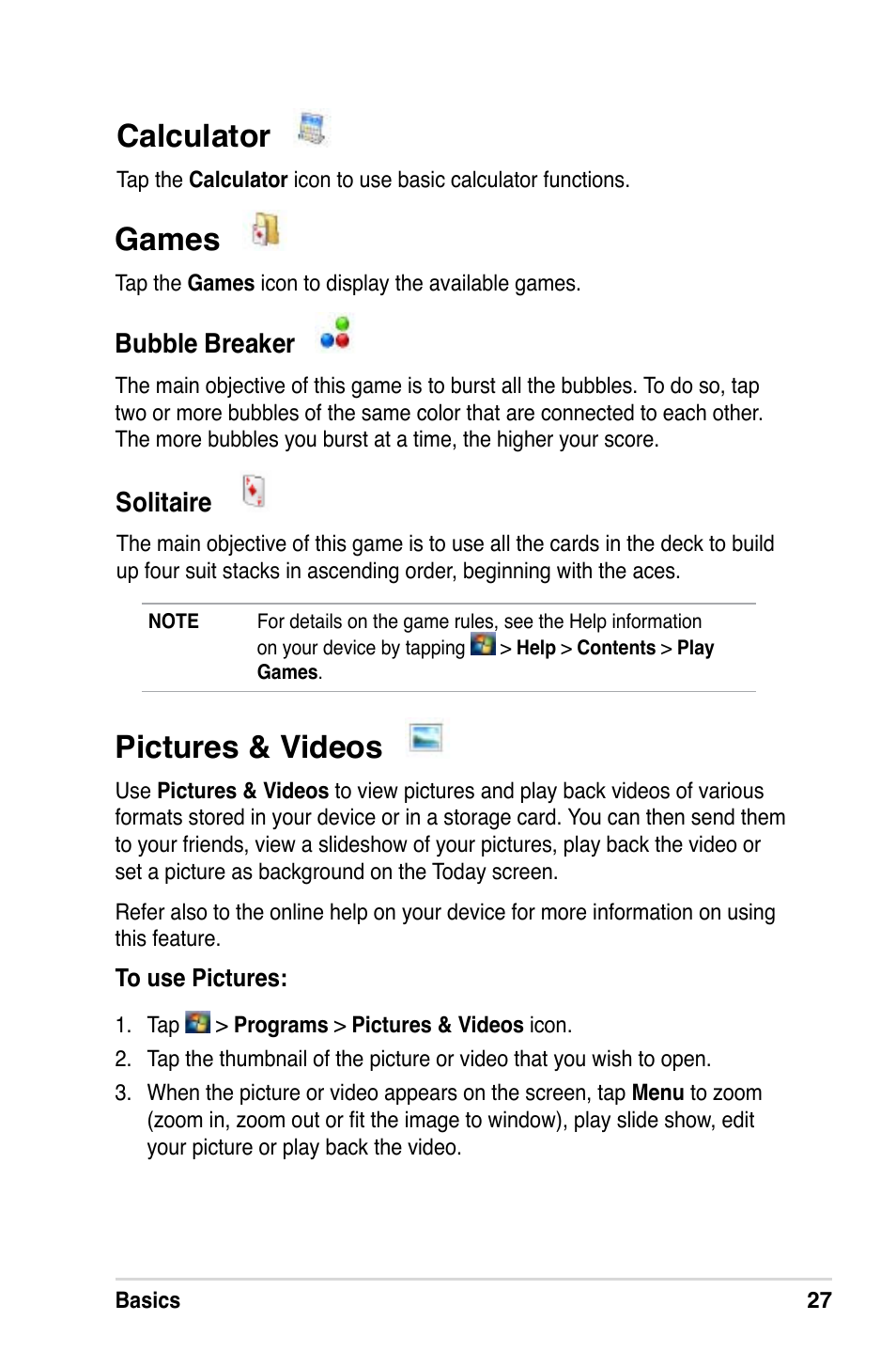Calculator, Games, Pictures & videos | Asus MyPal A639 User Manual | Page 33 / 106