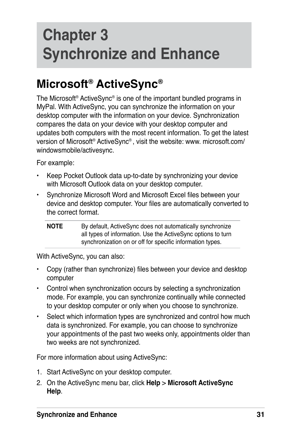Chapter 3 synchronize and enhance, Microsoft, Activesync | Asus MyPal A639 User Manual | Page 37 / 106