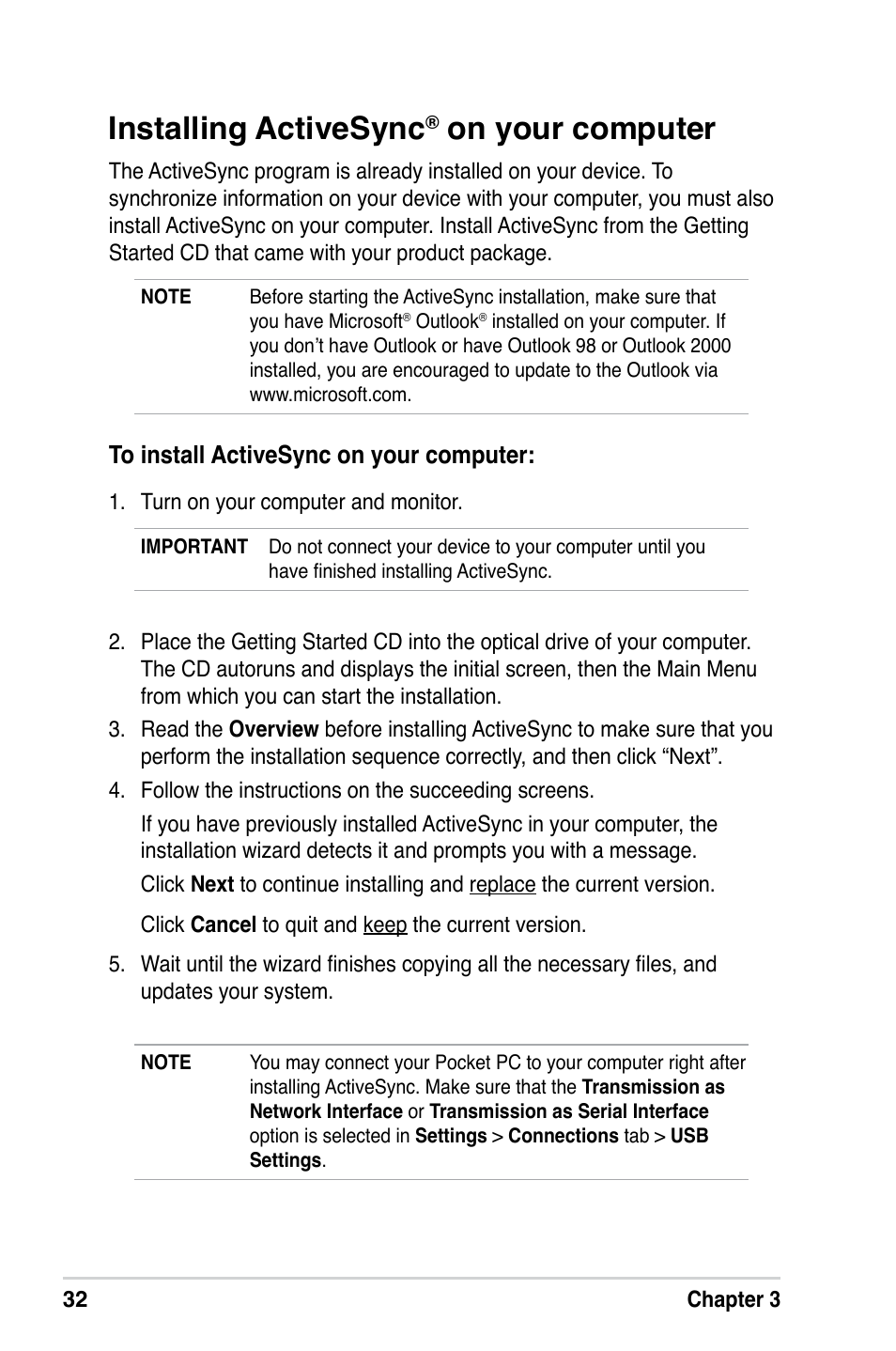 Installing activesync, On your computer | Asus MyPal A639 User Manual | Page 38 / 106