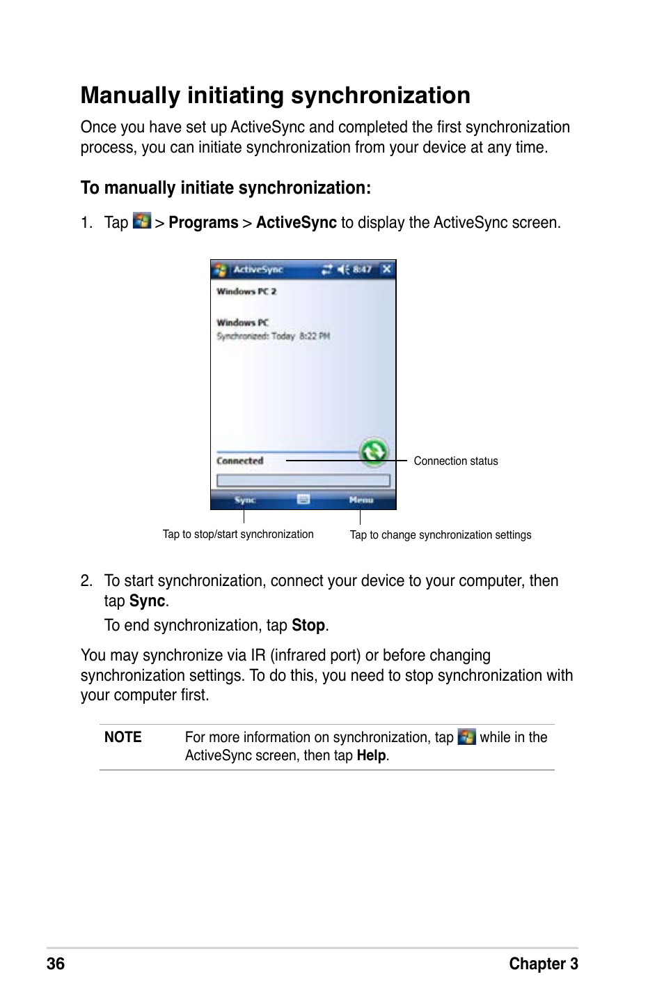 Manually initiating synchronization | Asus MyPal A639 User Manual | Page 42 / 106