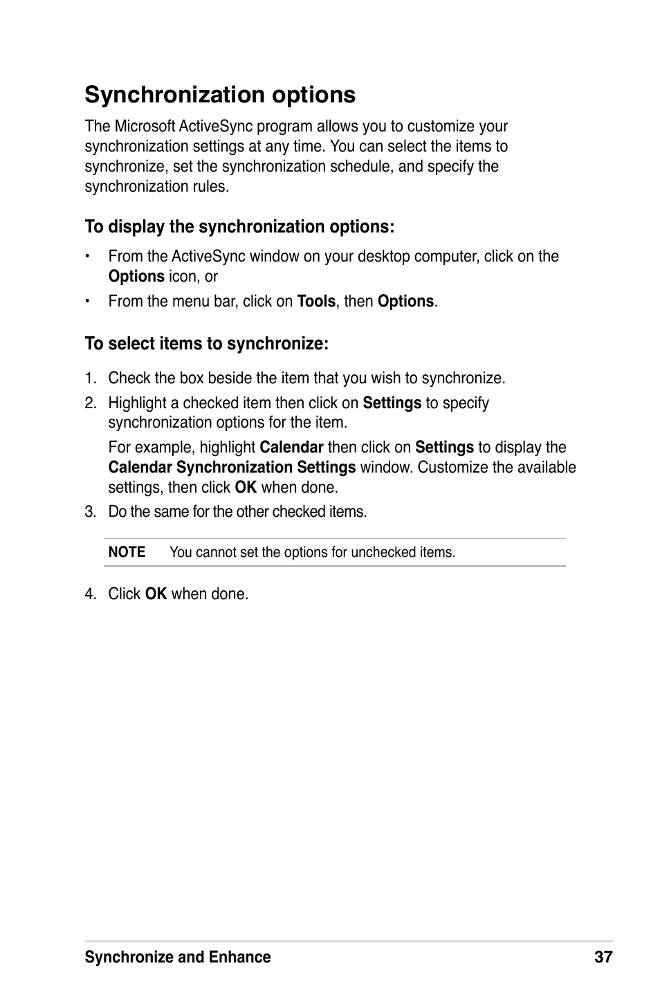 Synchronization options | Asus MyPal A639 User Manual | Page 43 / 106