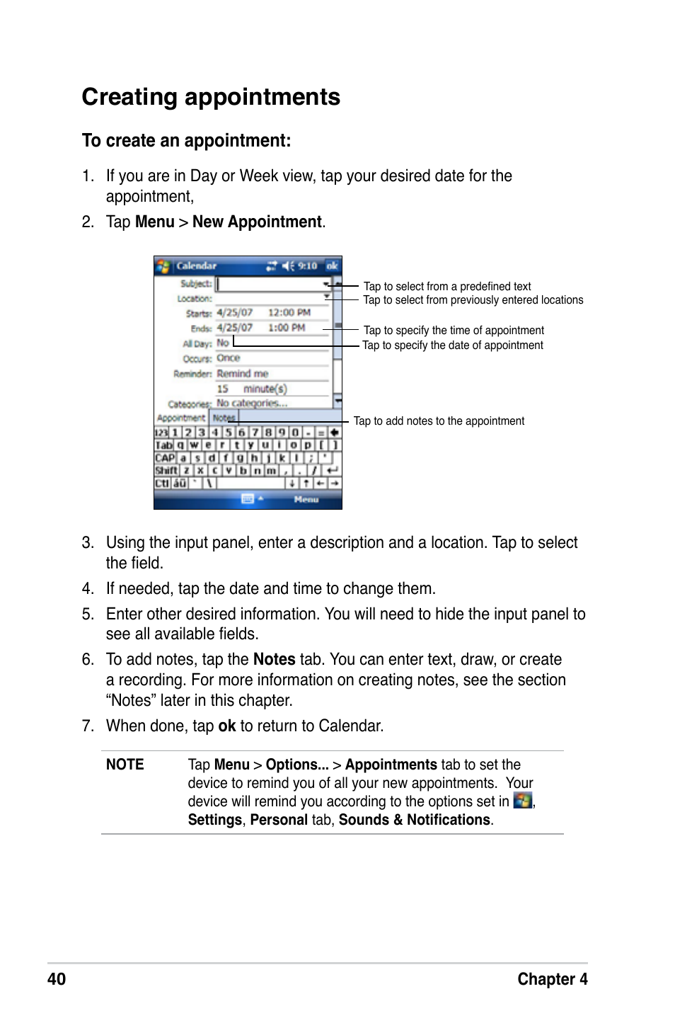 Creating appointments | Asus MyPal A639 User Manual | Page 46 / 106
