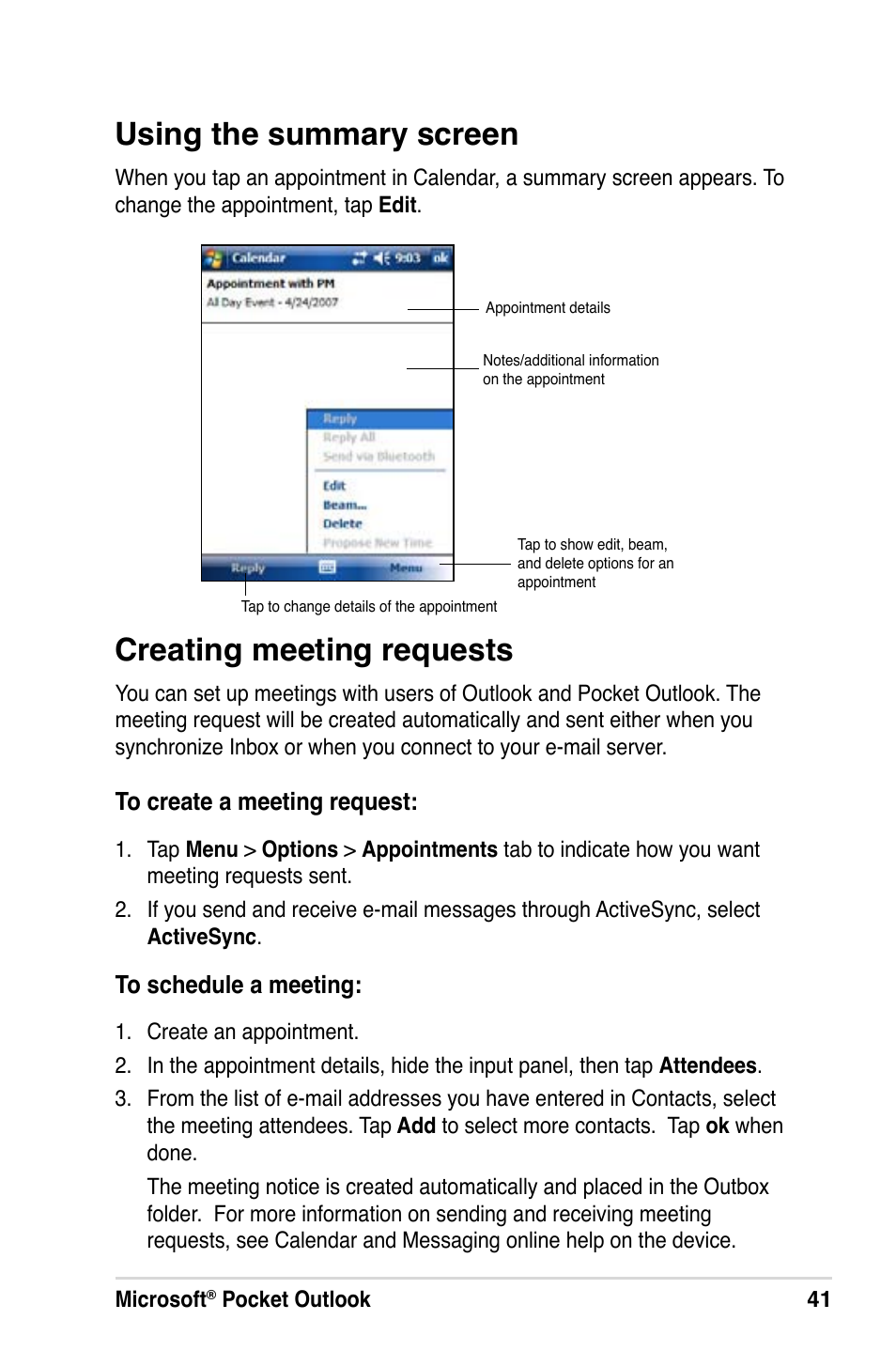 Using the summary screen, Creating meeting requests | Asus MyPal A639 User Manual | Page 47 / 106