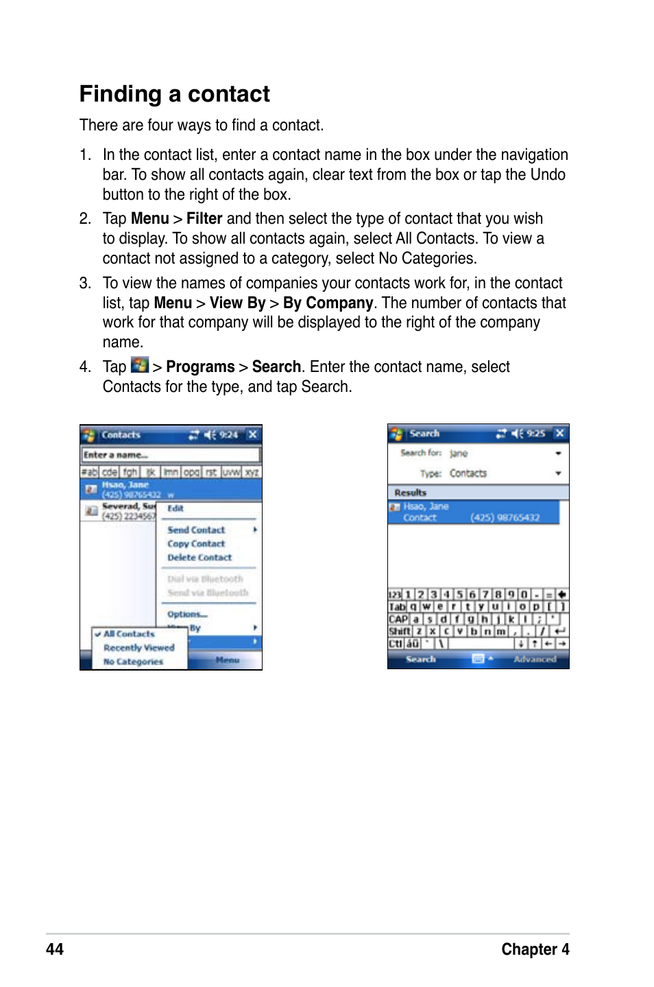 Finding a contact | Asus MyPal A639 User Manual | Page 50 / 106