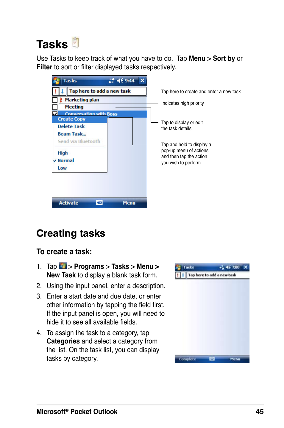 Tasks, Creating tasks | Asus MyPal A639 User Manual | Page 51 / 106