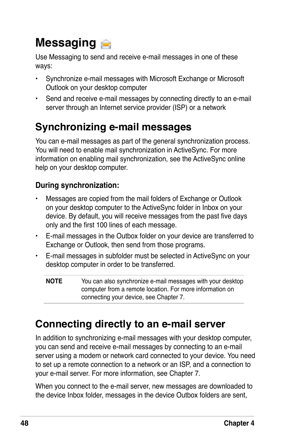 Messaging, Connecting directly to an e-mail server, Synchronizing e-mail messages | Asus MyPal A639 User Manual | Page 54 / 106